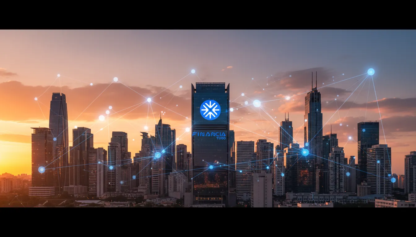 Skyline da cidade com rede de conexões, ilustrando oportunidades para ganhar dinheiro com crédito.