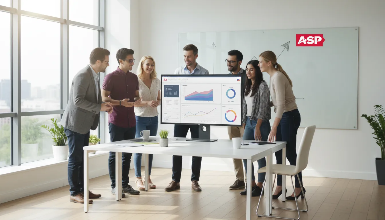 Uma equipe diversa colabora em um escritório moderno, utilizando um software ERP intuitivo que revela claramente a margem de lucro real e impulsiona o crescimento financeiro.