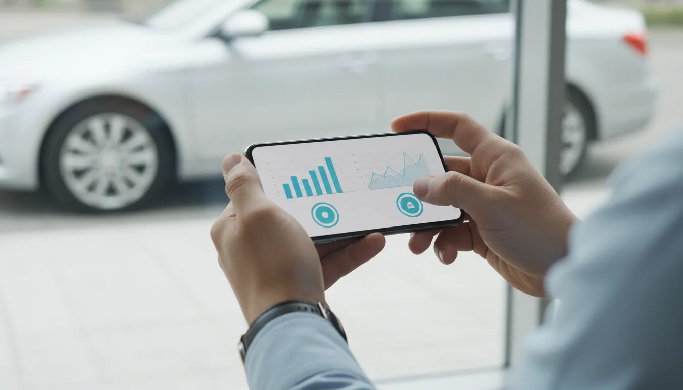 Homem compara opções de proteção veicular no celular, prestes a contratar, com carro ao fundo.