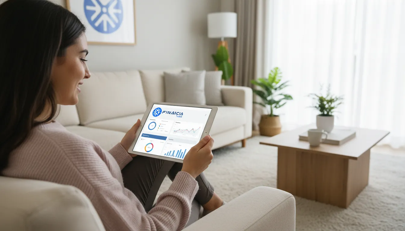 Mulher usando tablet para acessar Financia Tudo, tomando decisões financeiras em crise com ferramentas fáceis e interface intuitiva.