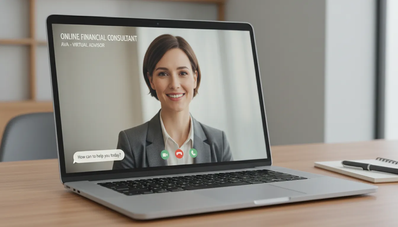 Consultor financeiro online oferecendo suporte em videoconferência com expressão acolhedora