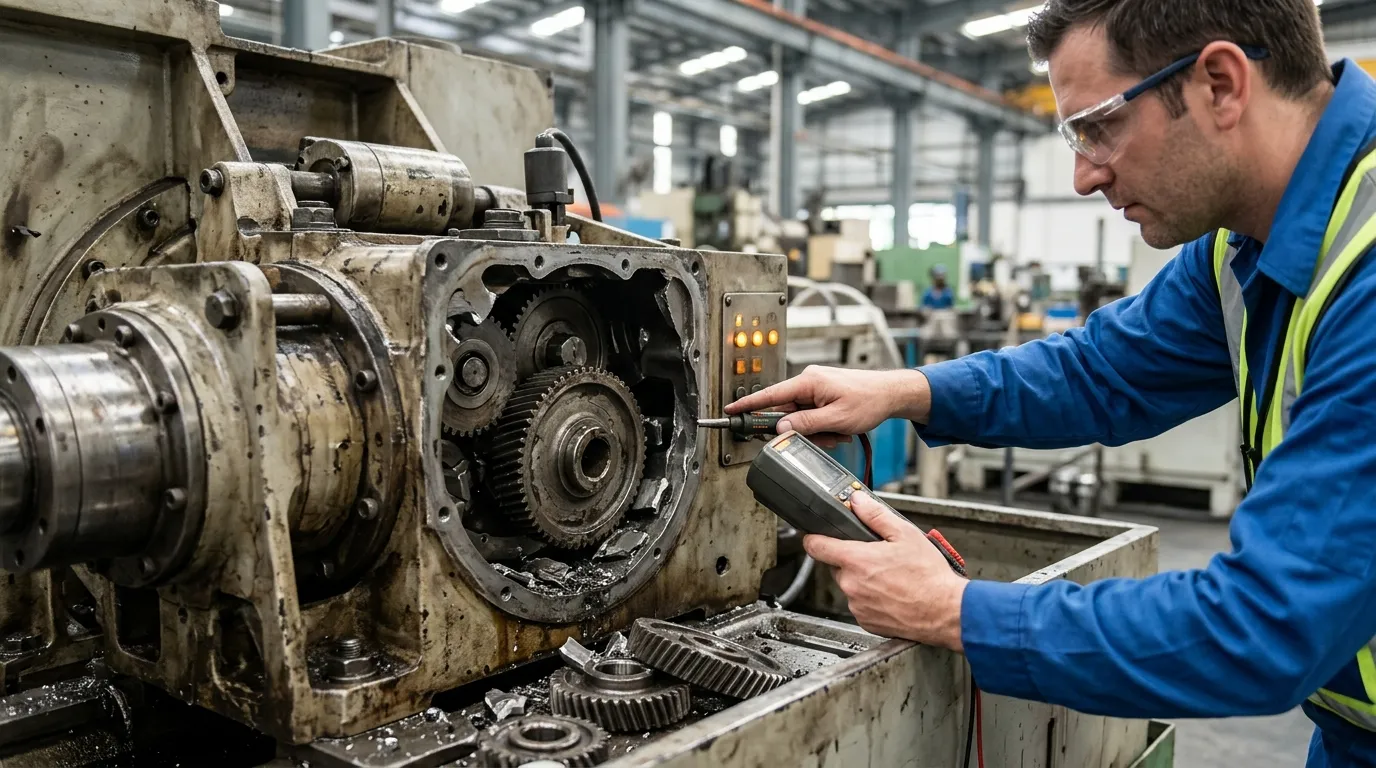 Falha mecânica em engrenagens destacando erros comuns na manutenção industrial.