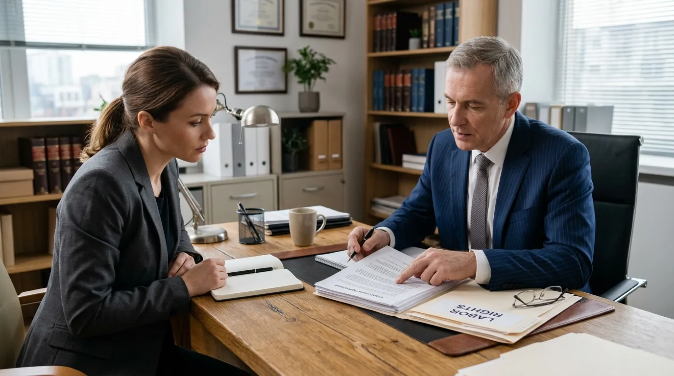 Advogado analisando direitos trabalhistas e regras sobre estabilidade cipeiro em reunião