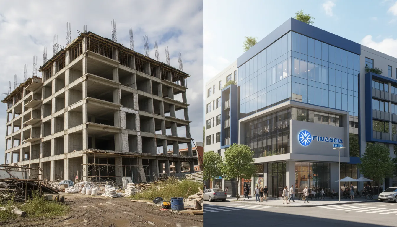 Comparativo de antes e depois de uma obra parada como resolver, evidenciando o sucesso da revitalização com o apoio financeiro da Financia Tudo.