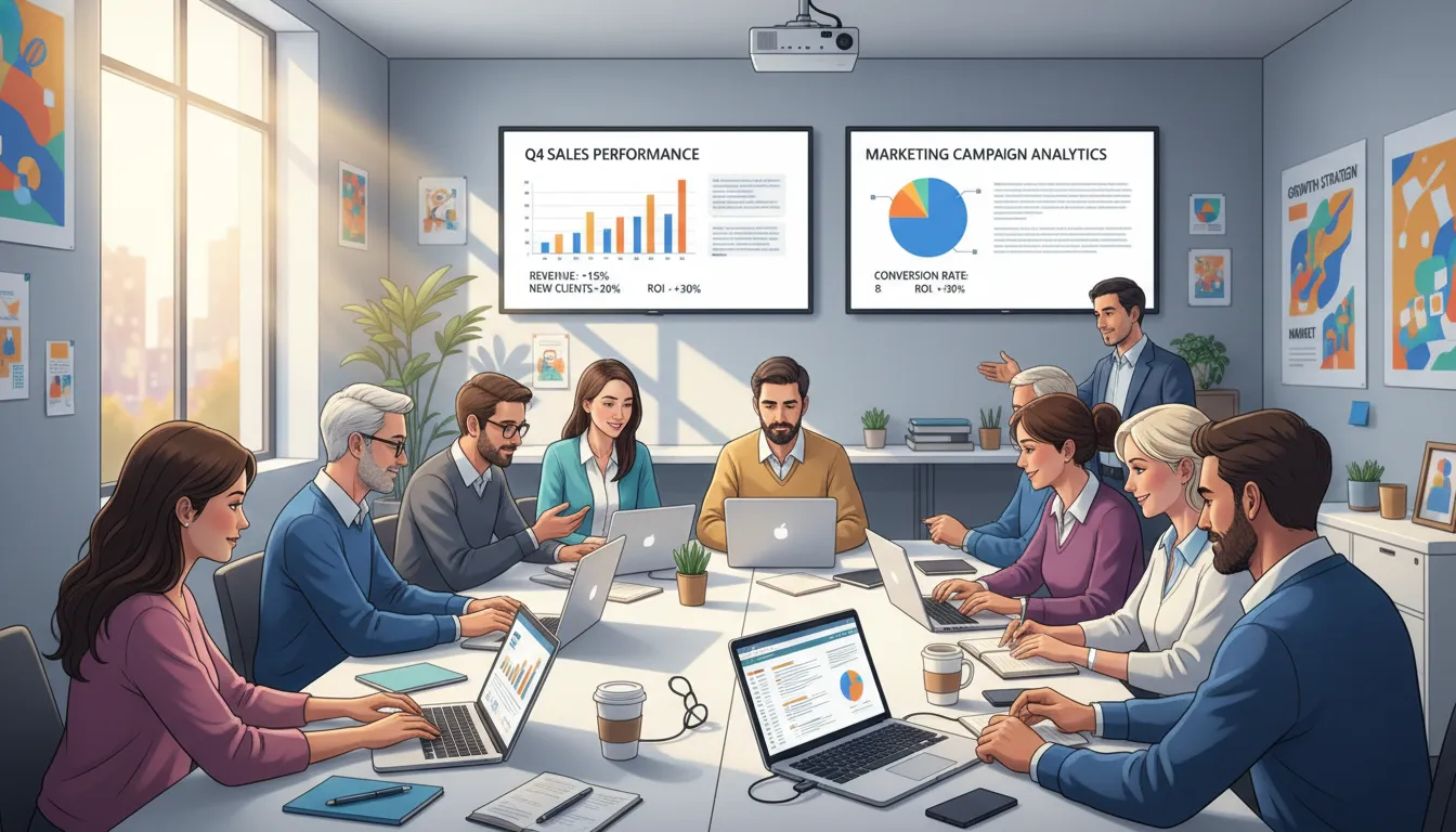 Times de marketing e vendas revisando métricas e otimizando campanhas de leads