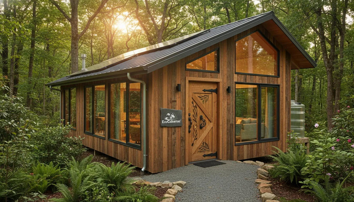 Eco-cabana moderna com porta de madeira rústica, integrando sustentabilidade e design contemporâneo na natureza.