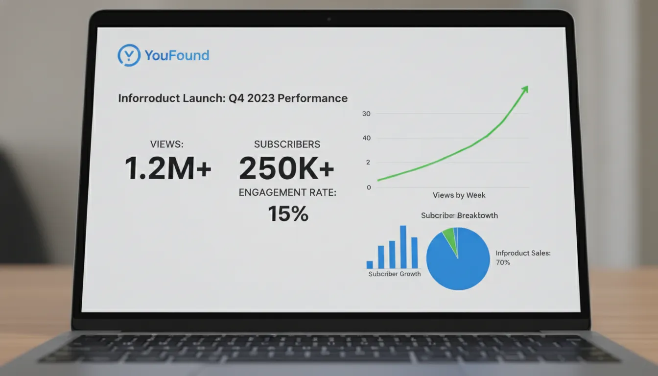Análise de métricas do infoproduto em dashboard com o logo YouFound, demonstrando o sucesso da estratégia.