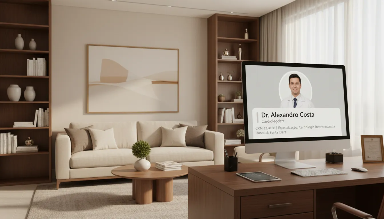 Templates de Bio para Profissionais Liberais em Site e Redes Sociais 3 Consultório médico sofisticado com computador mostrando bio digital de médico ou psicólogo.