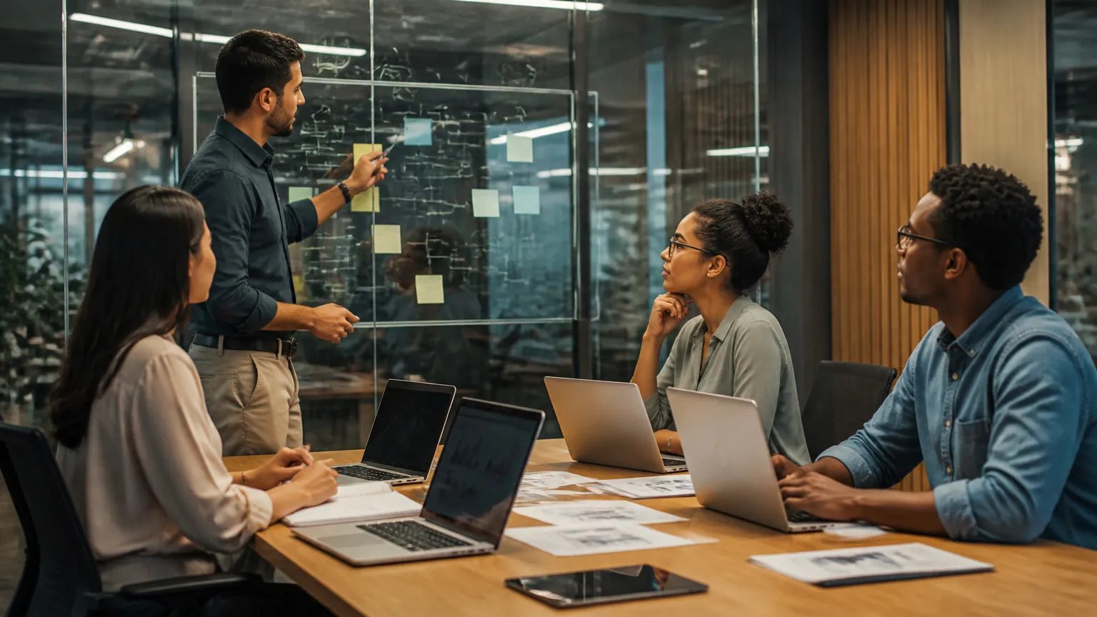 Equipe estratégica reunida alinhando processos para superar concorrencia no mercado digital.