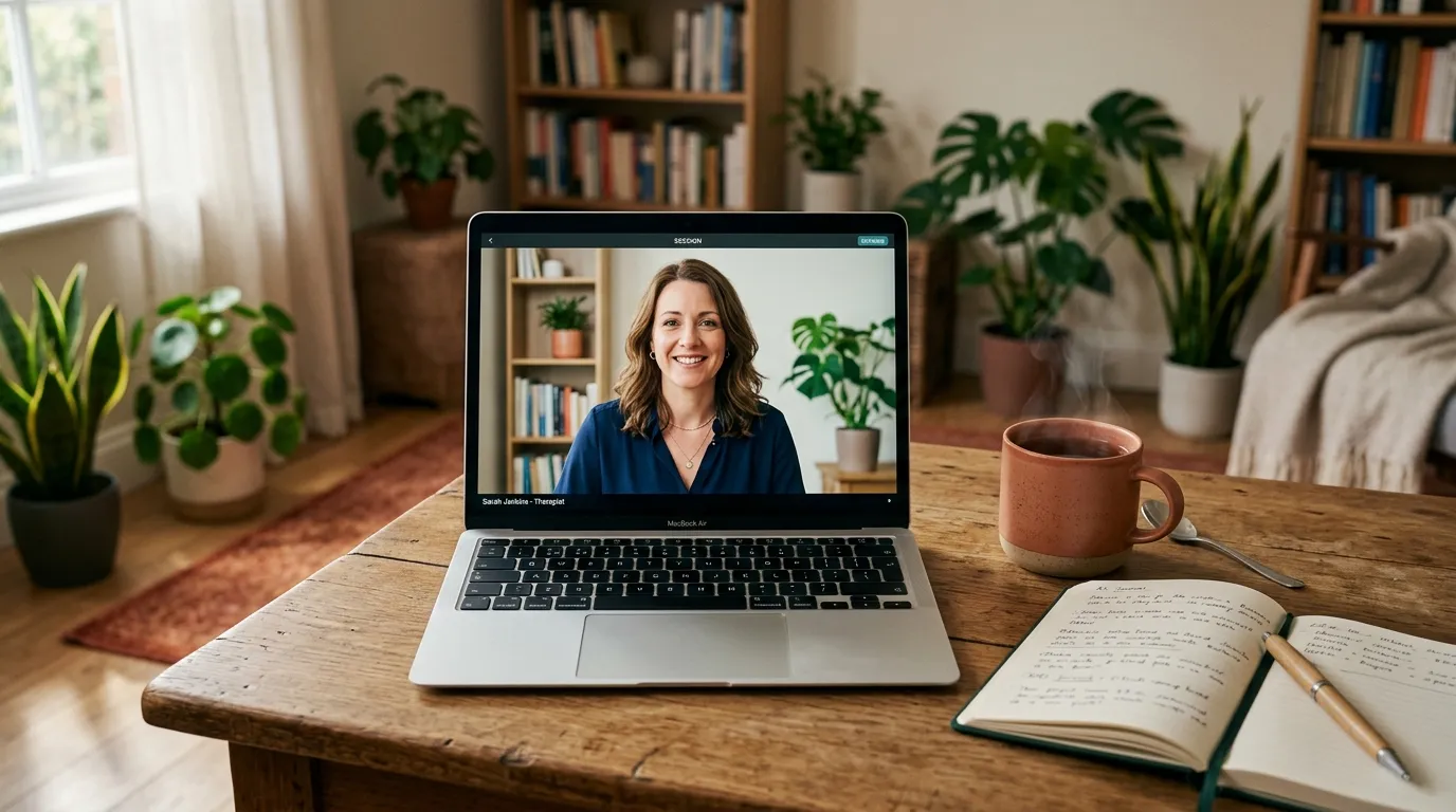 Sessão de terapia online em tela de notebook, essencial para construir relacionamentos saudáveis.