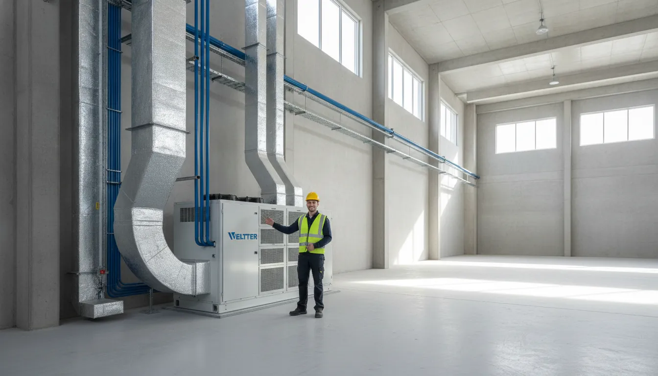 Engenheiro Veltter apresenta projeto de ar condicionado para galpão, com dutos modernos e climatização industrial.