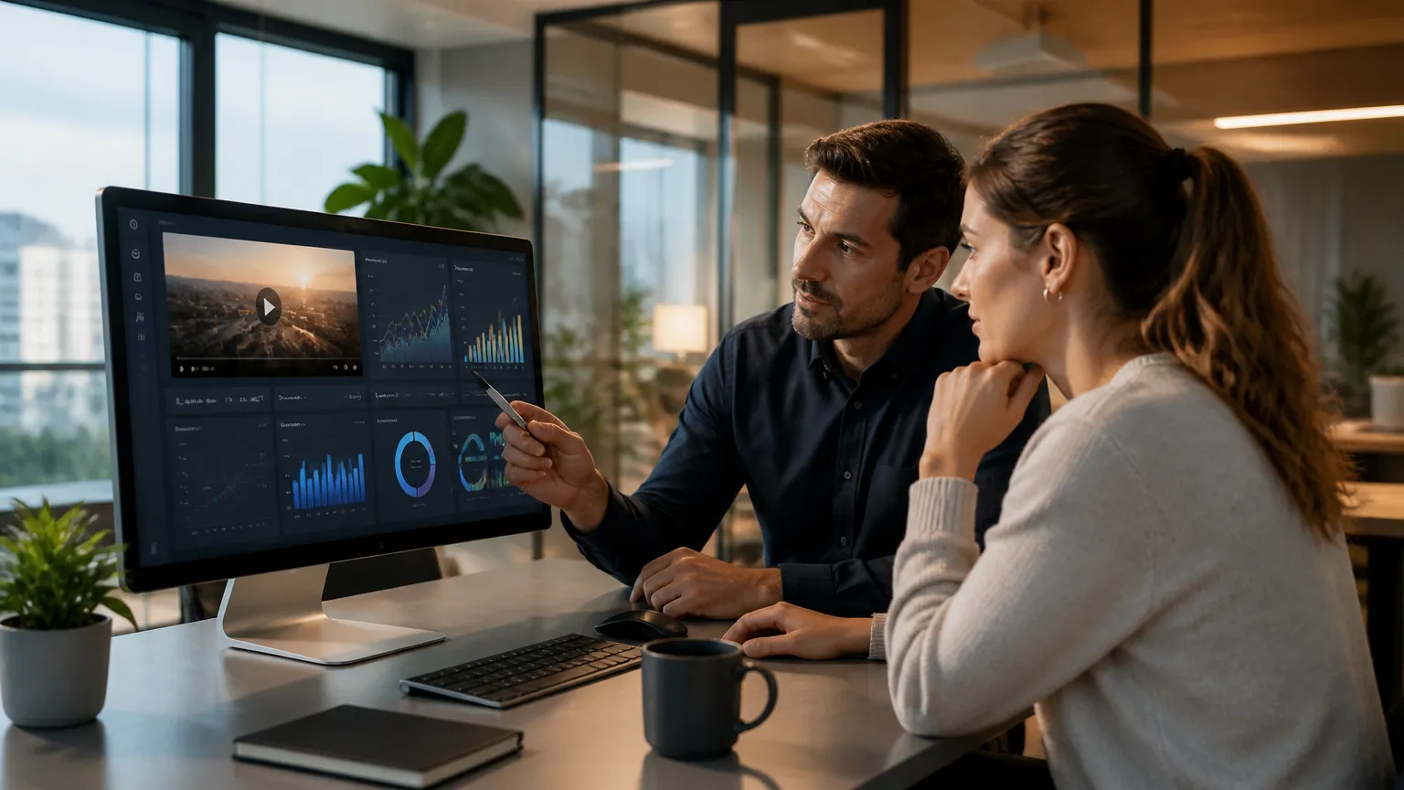 Consultores de agencia de marketing para youtube analisando estrategicamente metricas de video
