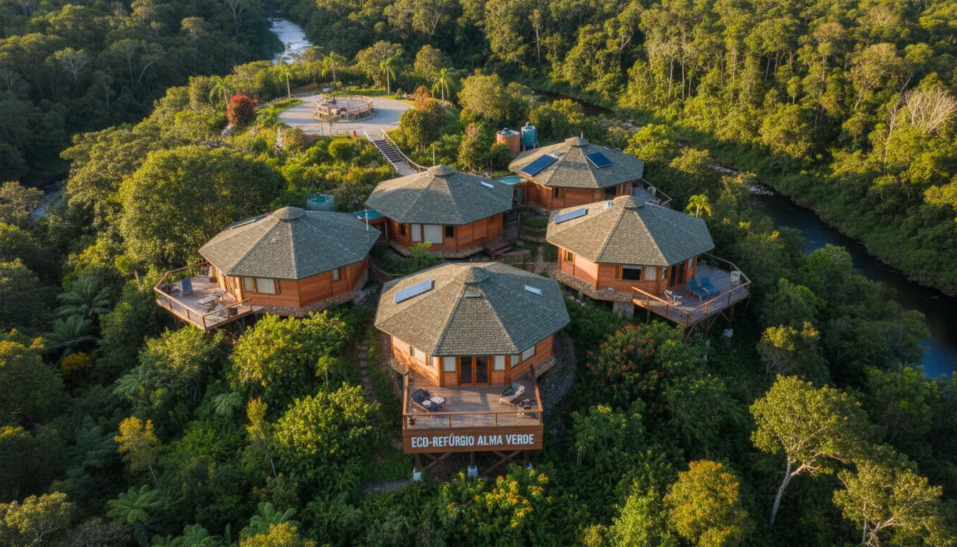 Cabanas ecológicas com telhados shingle perfeitamente inseridas em ambiente natural