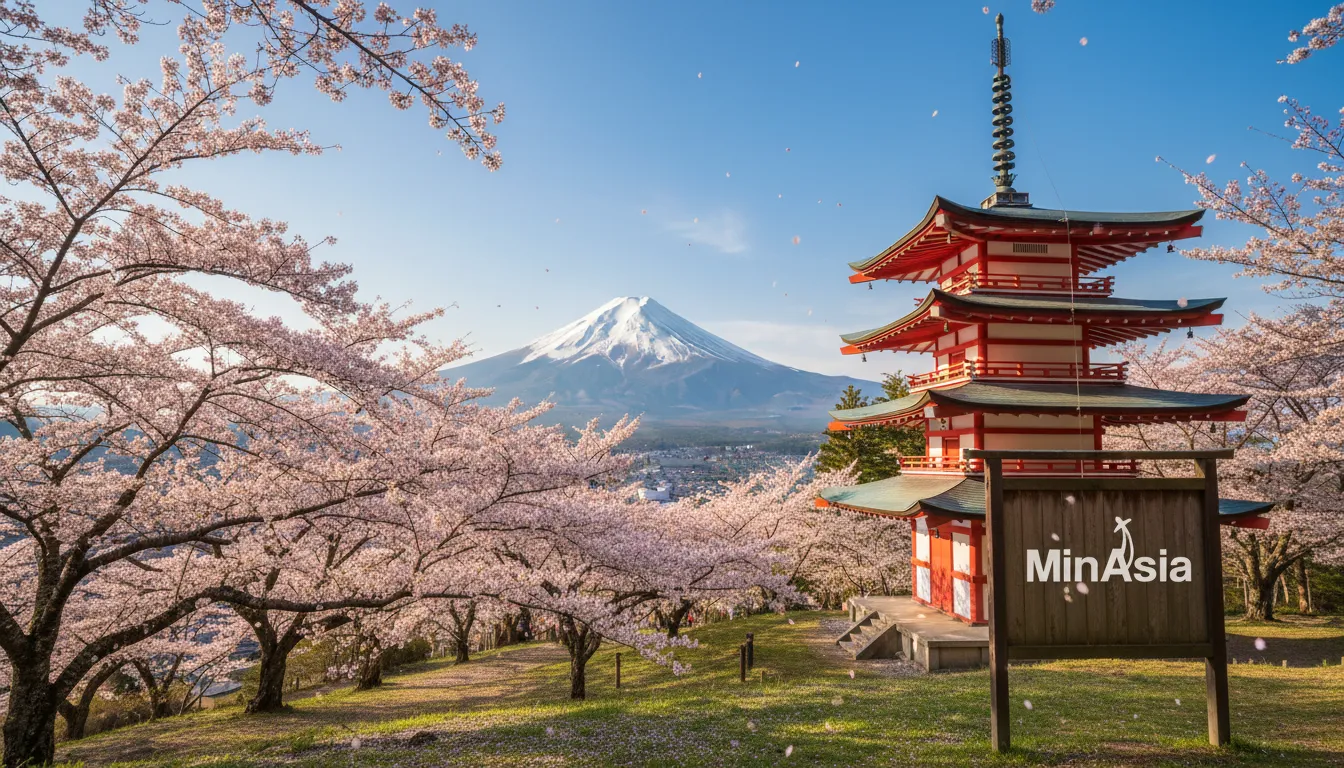 Monte Fuji e cerejeiras em flor, uma paisagem icônica para sua viagem para o Japão.