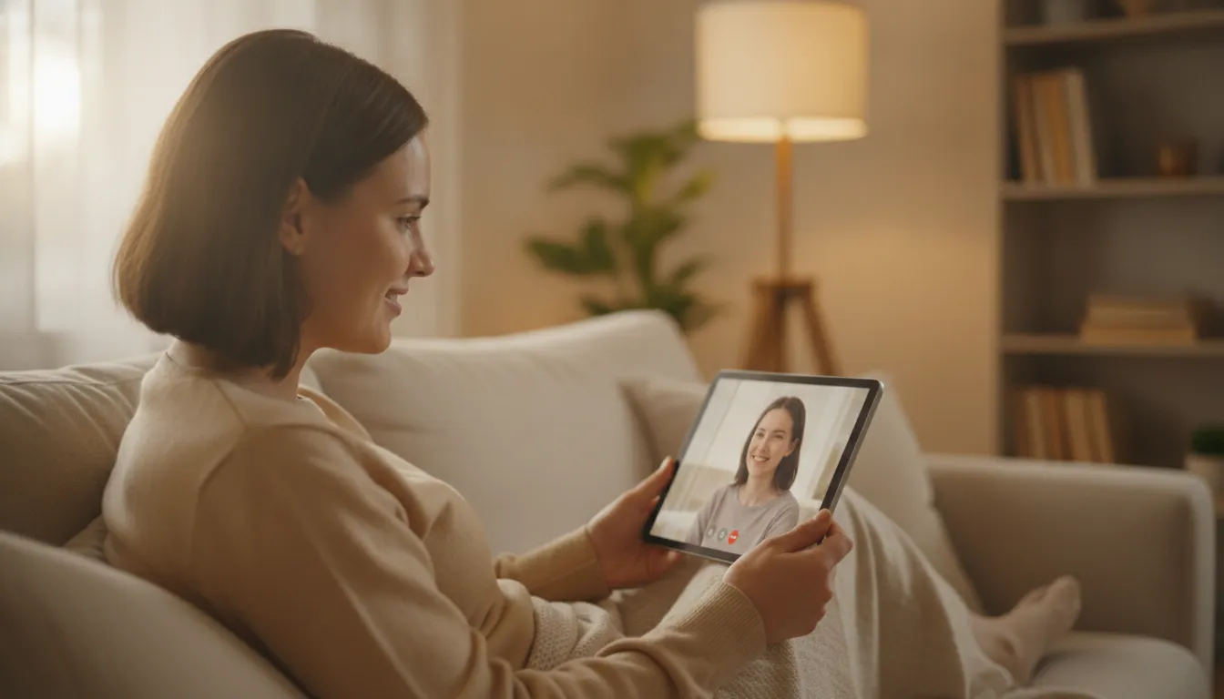 Pessoa em sessão de terapia online, sorrindo, buscando ajuda profissional para bem-estar e esgotamento.