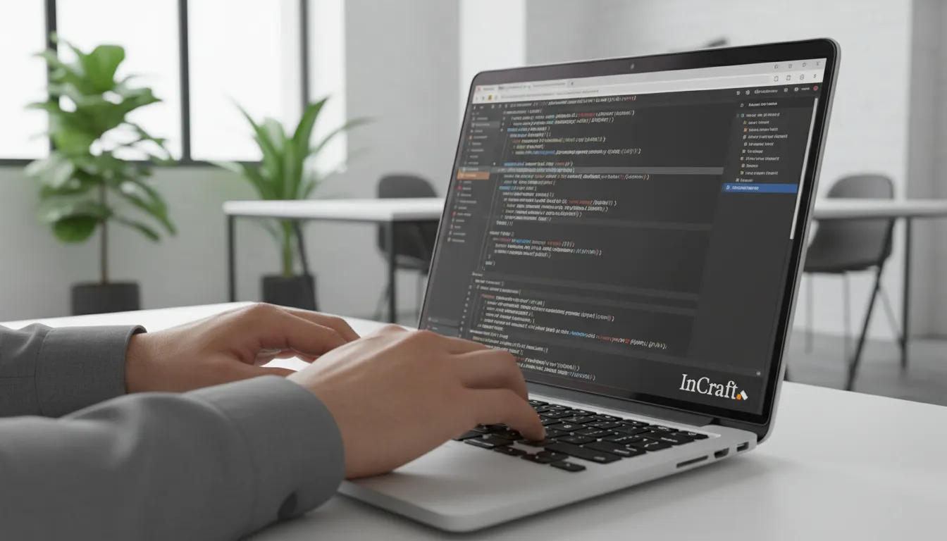 Detalhe do código WordPress sendo desenvolvido pela empresa que cria site, mostrando precisão técnica e ambiente de trabalho moderno.