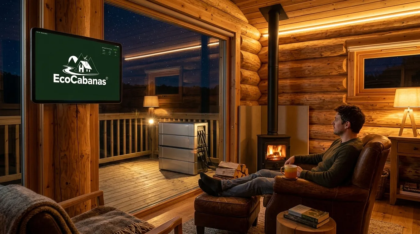 Interior iluminado de cabana sustentavel com gerador de energia residencial garantindo eletricidade