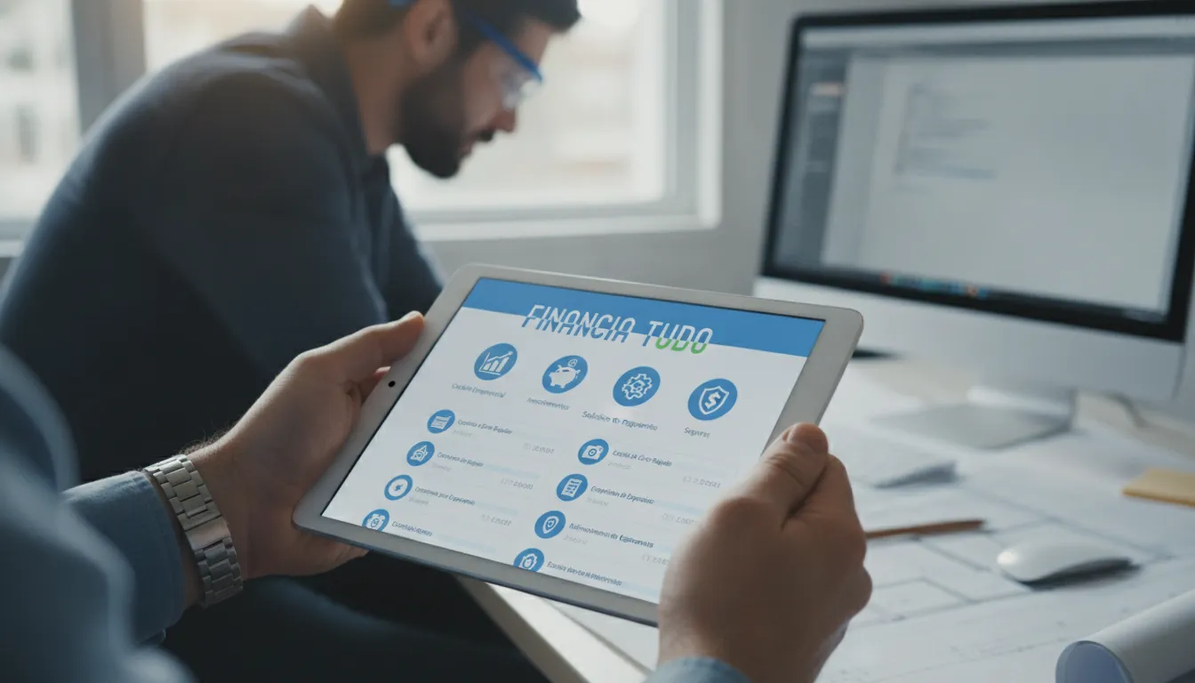 Mão segura tablet com plataforma Financia Tudo, mostrando opções de financiamento para escritório de arquitetura.