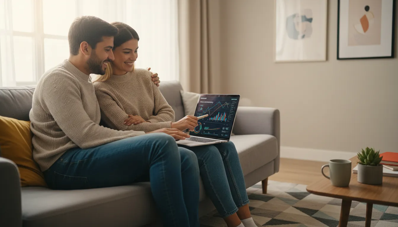 Casal jovem analisando investimentos e finanças domésticas em um ambiente confortável e seguro.