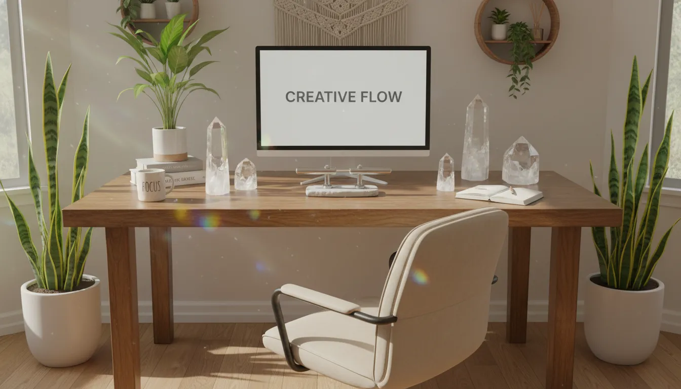 Ambiente de trabalho equilibrado com cristais e instrumentação radiestésica