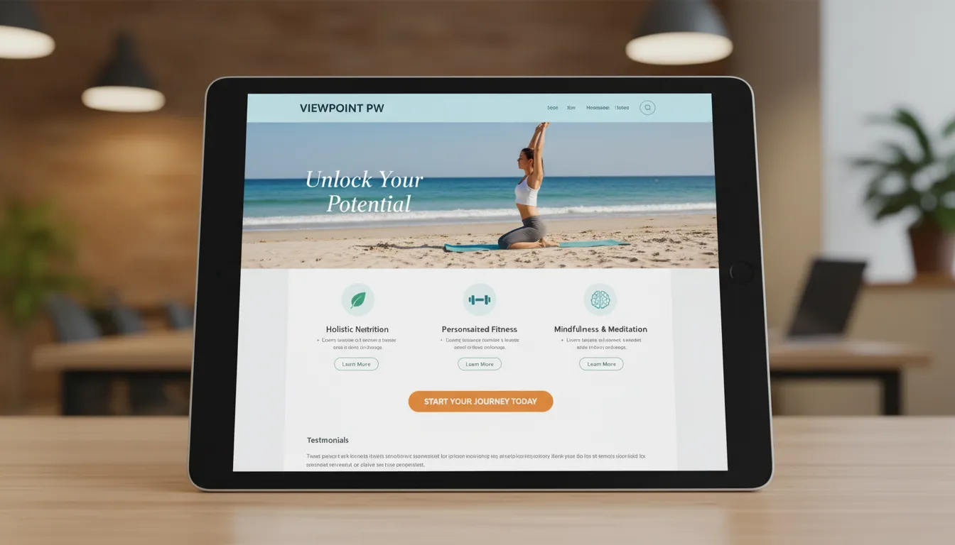 Design de uma landing page de alta conversão em um tablet, destacando os elementos essenciais para uma criação de landing page eficaz no setor wellness.