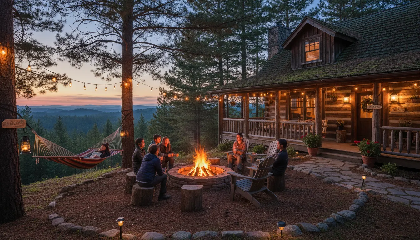 Área externa acolhedora de cabana ao entardecer com fogo de chão, rede e iluminação suave.