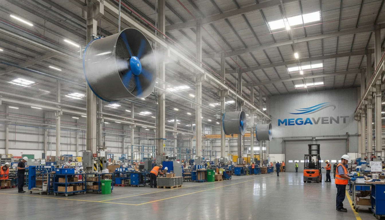 Múltiplos ventiladores axiais industriais MegaVent climatizam um grande armazém, melhorando o conforto e a produtividade.