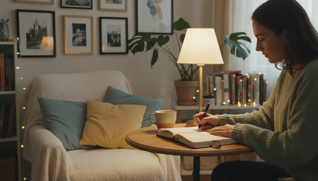 Escrevendo em um diário em casa para melhorar a saúde mental e o bem-estar emocional.