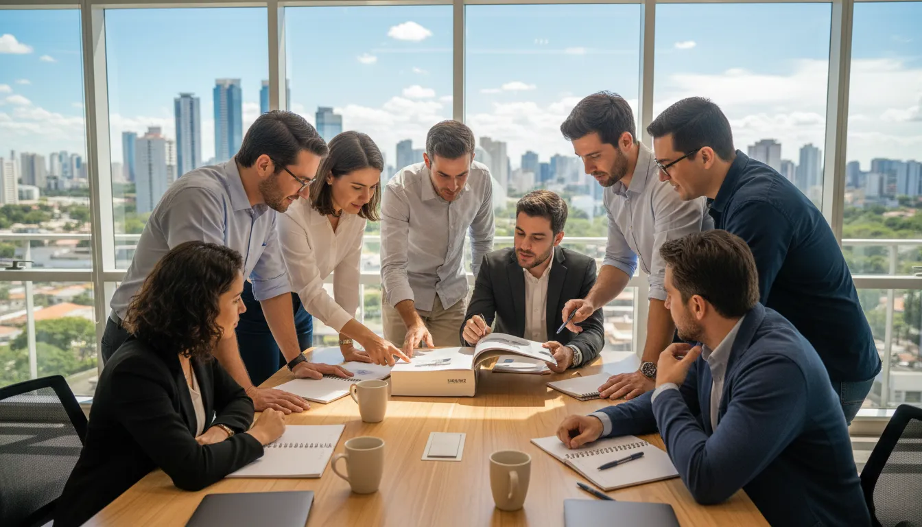 Grupo diverso de emprendedores leyendo un libro gratuito Sebrae en un espacio de coworking moderno y luminoso, con una atmósfera colaborativa.