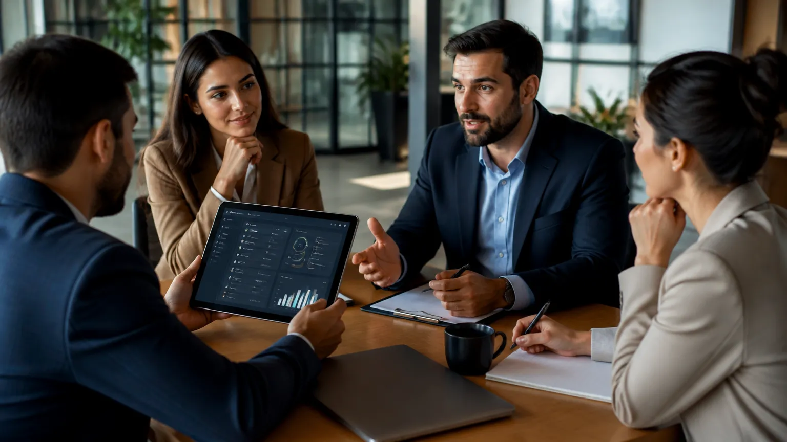 Equipe comercial analisando métricas de vendas com app mobile integrado para empresas.