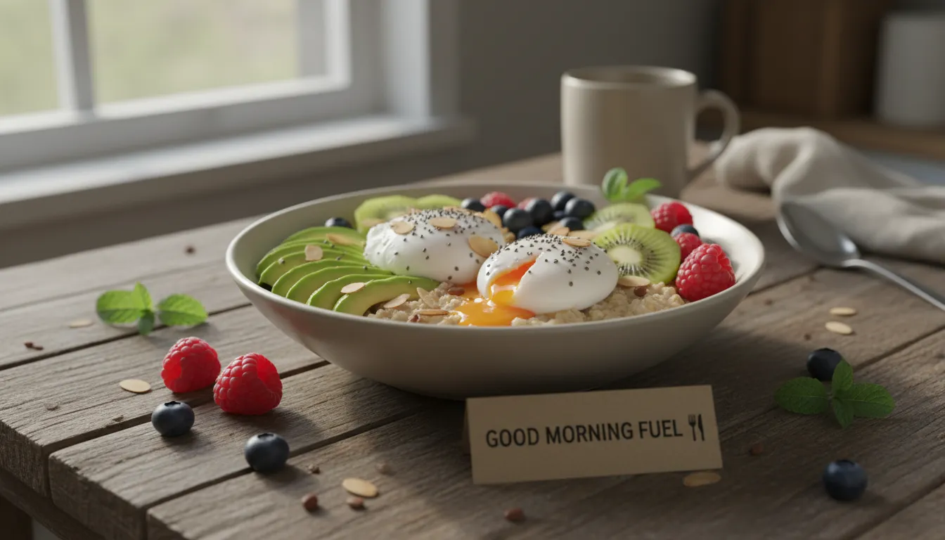 Tigela de café da manhã com ovos, abacate, aveia e frutas sobre mesa de madeira, representando alimentação saudável.