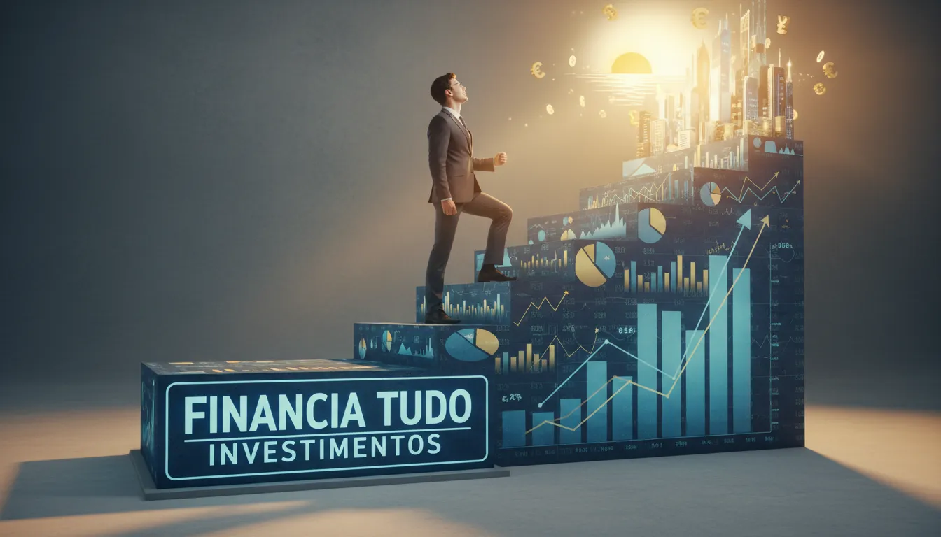 Uma pessoa subindo uma escada feita de gráficos de investimento, representando o crescimento da carteira de investimentos. Financia Tudo.