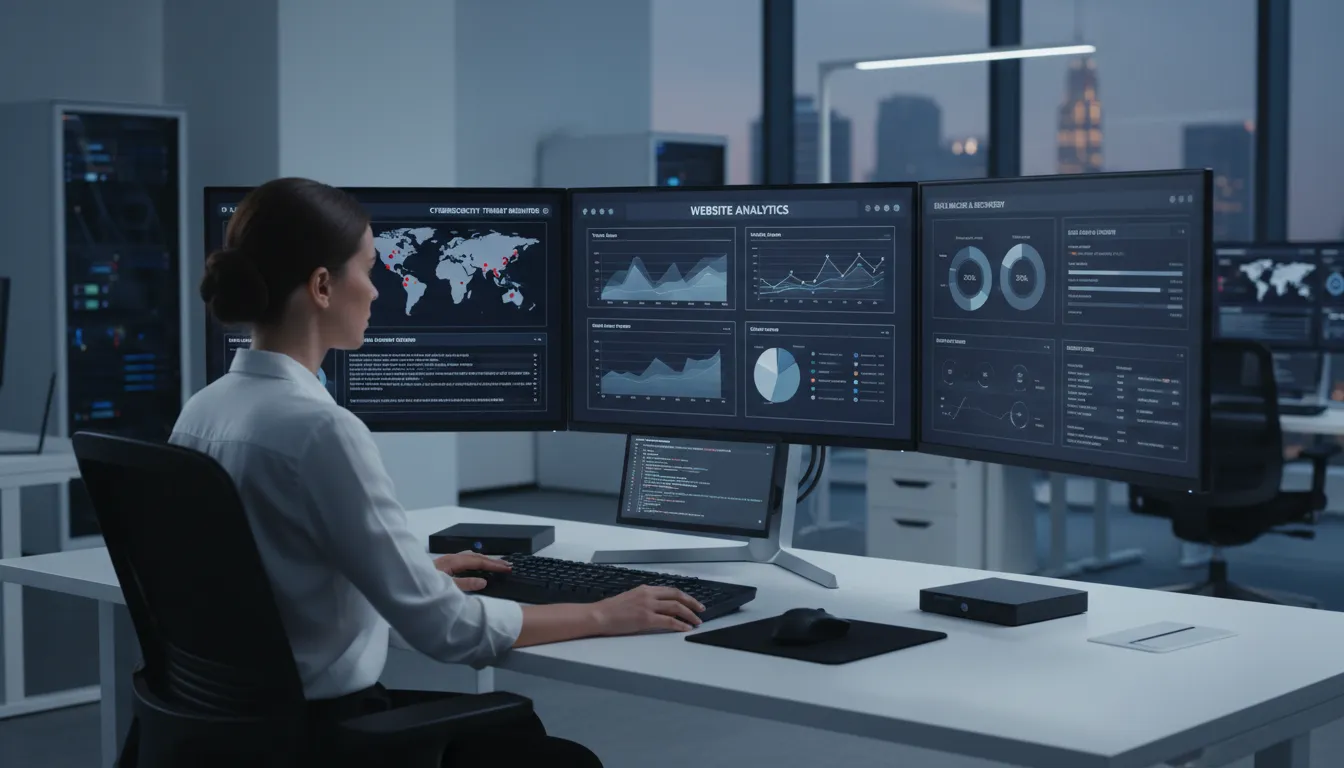 Como Manter Site Atualizado o Ano Todo (Sem Pagar Anuidade Cara) 1 Especialista analisa painel de segurança e backups de site em ambiente tecnológico moderno