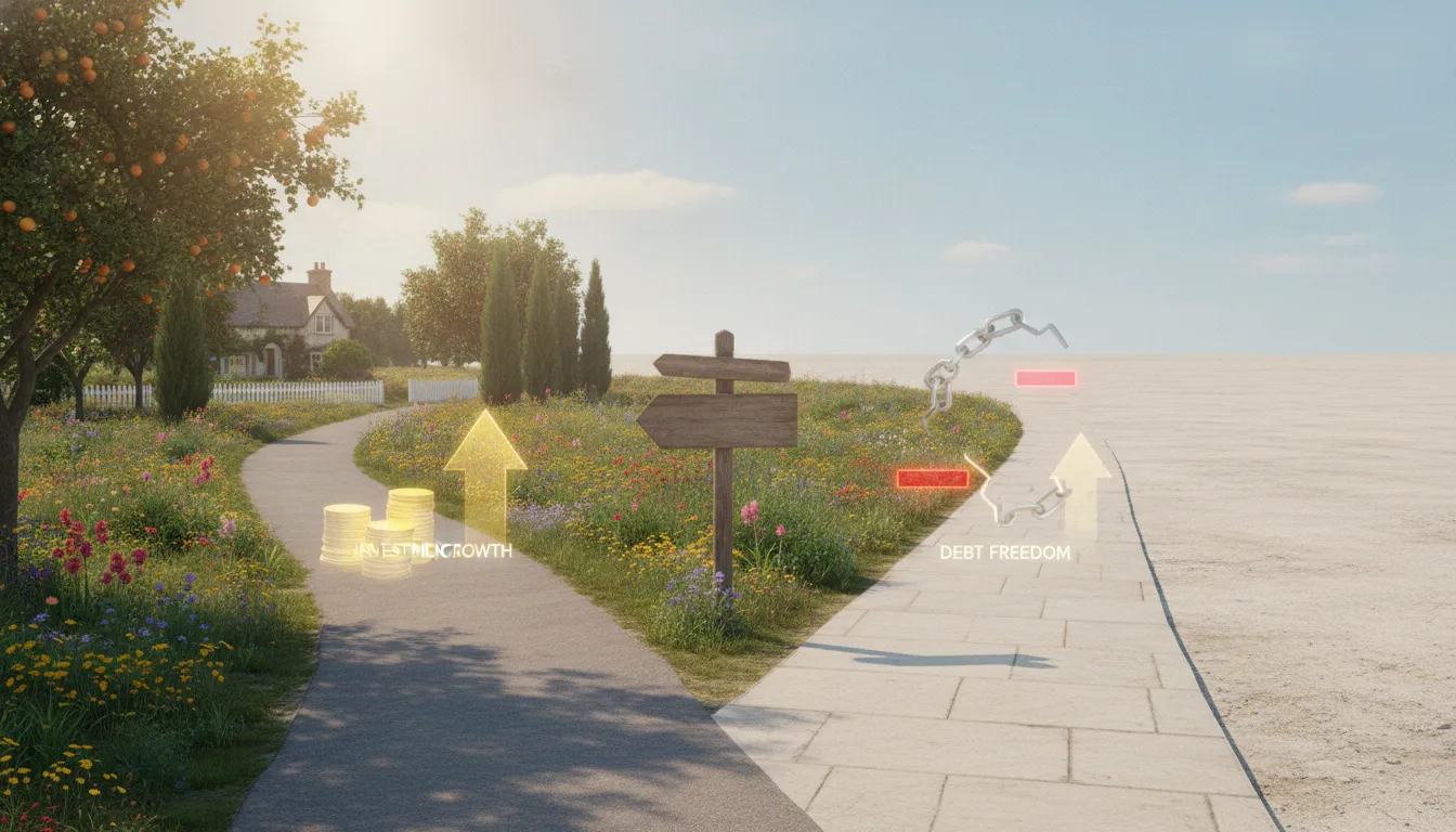 Caminhos visuais representando investir ou amortizar dívidas, com futuro claro.