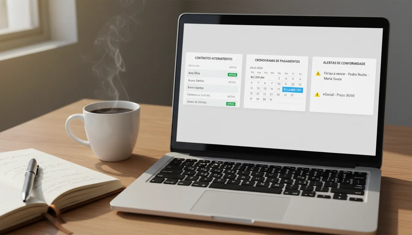 Painel digital de RH exibindo contratos intermitentes organizados, prazos de pagamento e alertas de conformidade.