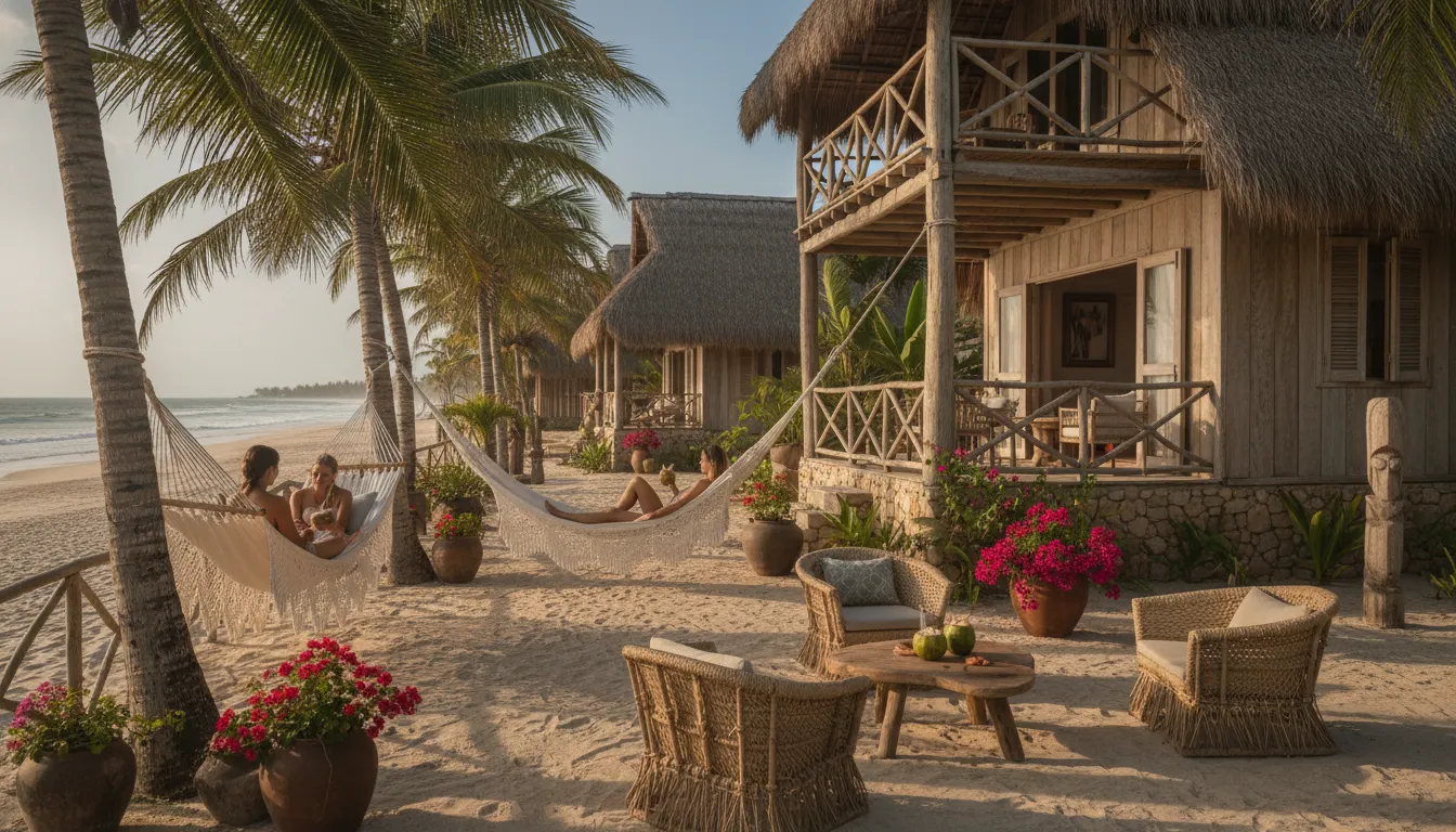 Pousada aconchegante em Trancoso viagem, arquitetura rústica e chique, com vista para o mar turquesa e palmeiras.