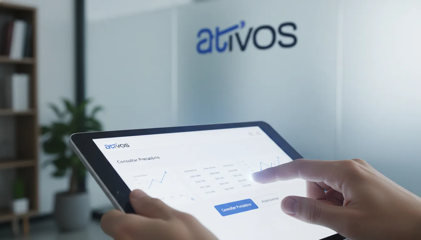 Mãos consultando precatórios TJRJ em plataforma digital, destacando acesso rápido e seguro ao processo.