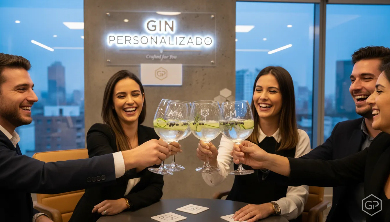 Profissionais brindando com taças de gin personalizadas em um happy hour corporativo, destacando a elegância dos brindes da Nogueira Brindes.
