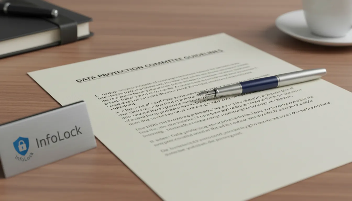 Imagem detalhada de um documento com diretrizes do comitê de privacidade, destacando a importância da proteção de dados na InfoLock.