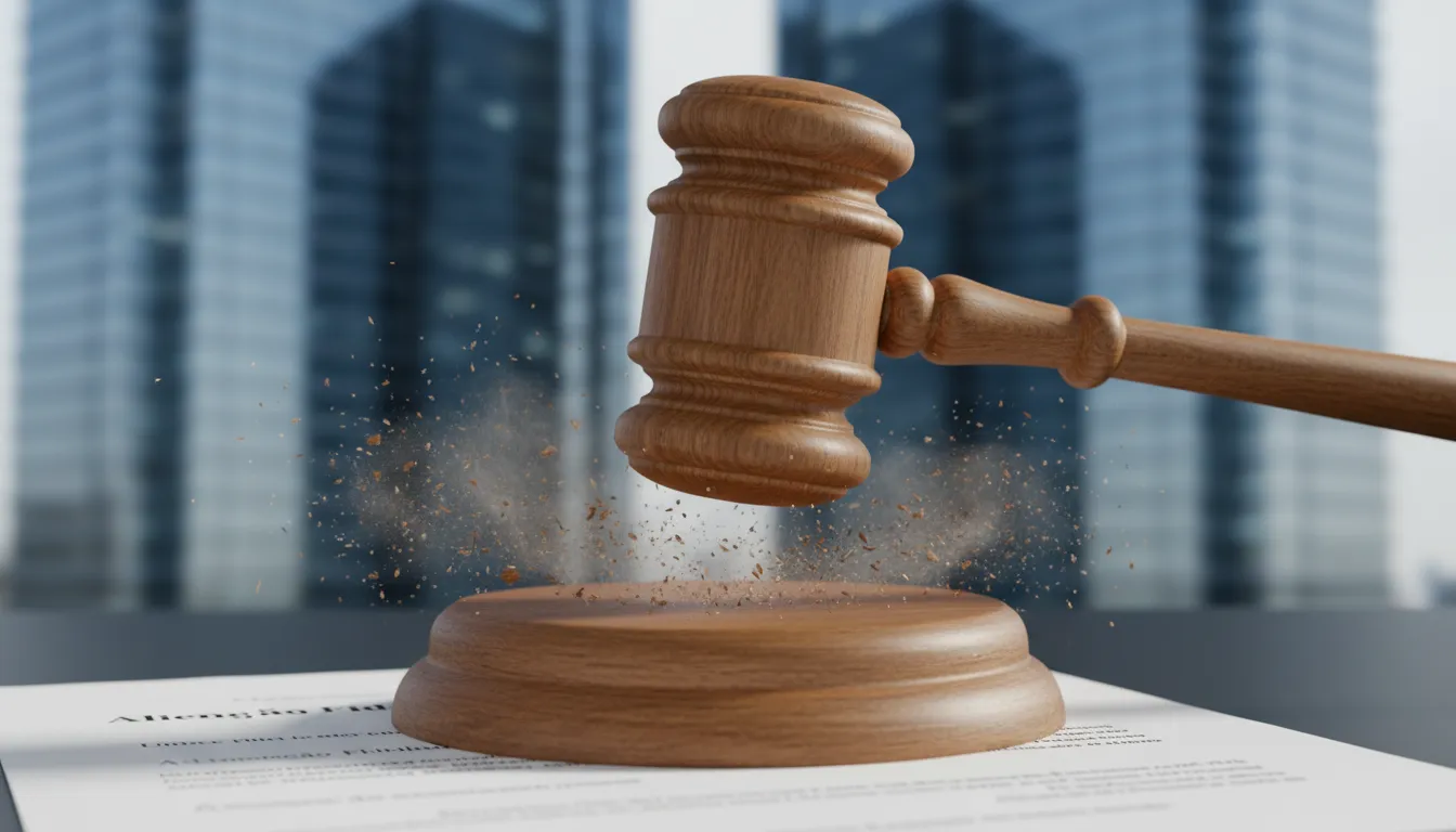 Martelo de juiz batendo, simbolizando decisão legal sobre alienação fiduciária, com prédios corporativos ao fundo.
