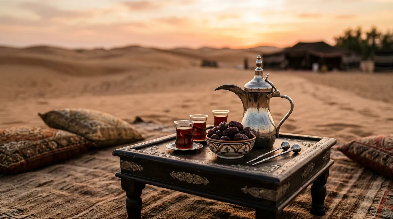 Roteiro de luxo no deserto de dubai com mesa tradicional e dunas de areia