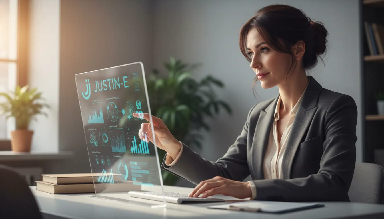 Uma advogada concentrada utiliza o assistente digital Justin-e para gerenciar casos e otimizar tarefas jurídicas rapidamente.