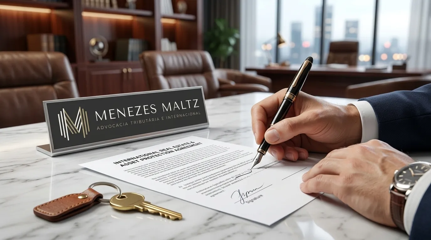 Assinatura de contrato internacional para planejar imposto sobre herança no exterior e proteger bens.