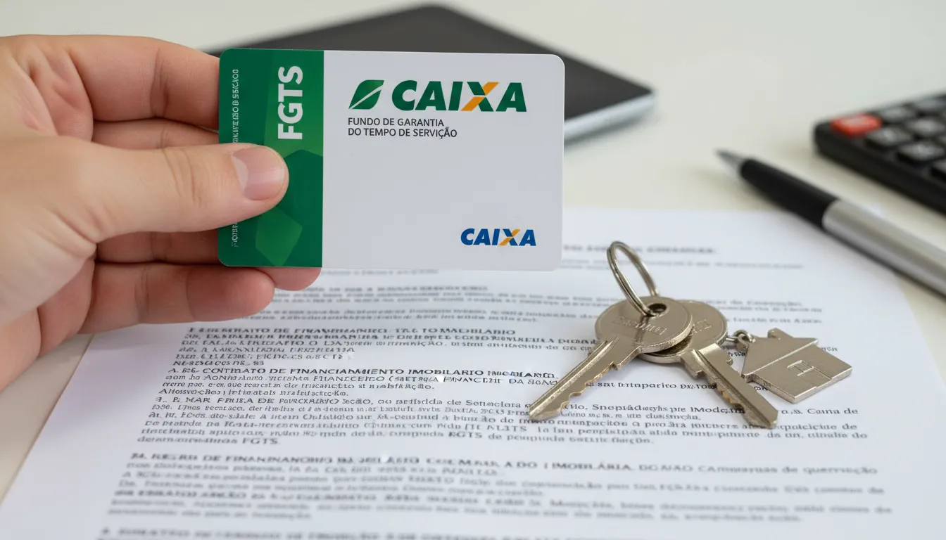 FGTS e chaves de imóvel sendo entregues sobre contrato, simbolizando a conquista da casa própria.