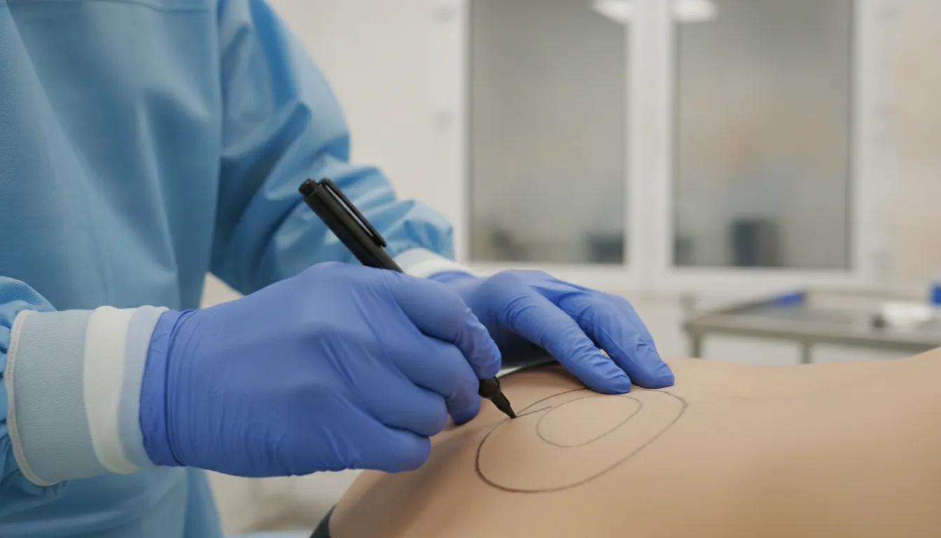 Mãos de cirurgião marcando abdômen de paciente, planejando cirurgias reparadoras pós-bariátrica com precisão.