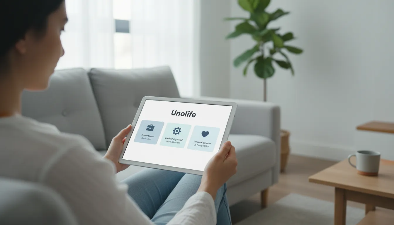Interface do aplicativo Unolife em um tablet, mostrando diversos coaches online especializados em carreira, produtividade e desenvolvimento pessoal.