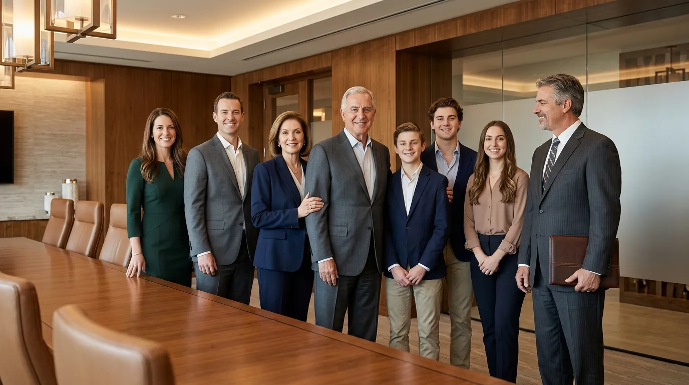 Família empresária reunida planejando holding familiar como fazer para sucessão segura de bens.