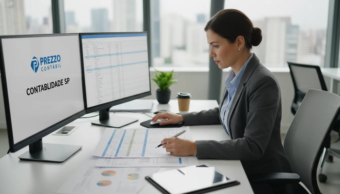 Contador focado trabalhando em escritório moderno, analisando documentos financeiros. Prezzo Contábil oferece Contabilidade Especializada para Clínicas Médicas em São Paulo.
