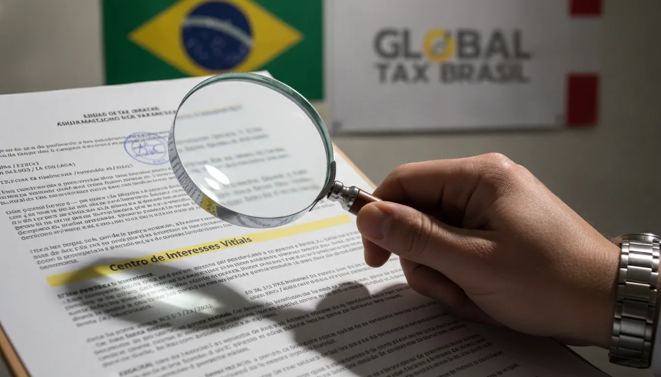 Mão com lupa sobre documento legal destacando 'Centro de Interesses Vitais'. #AdvogadoTributarista #ExpatriadosBrasileiros