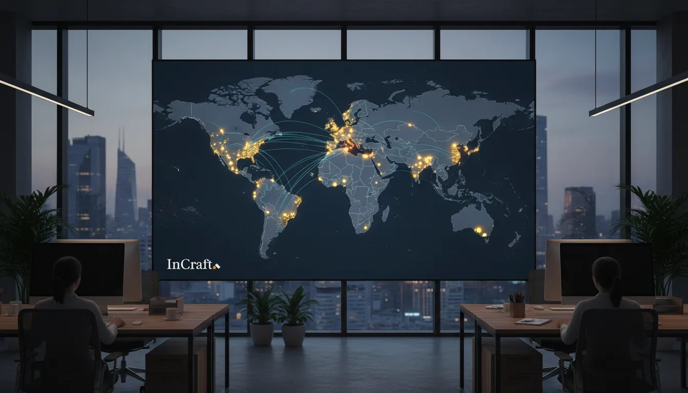 Mapa-múndi mostrando a presença global da InCraft Digital, com projetos de criação de sites em mais de 120 países.
